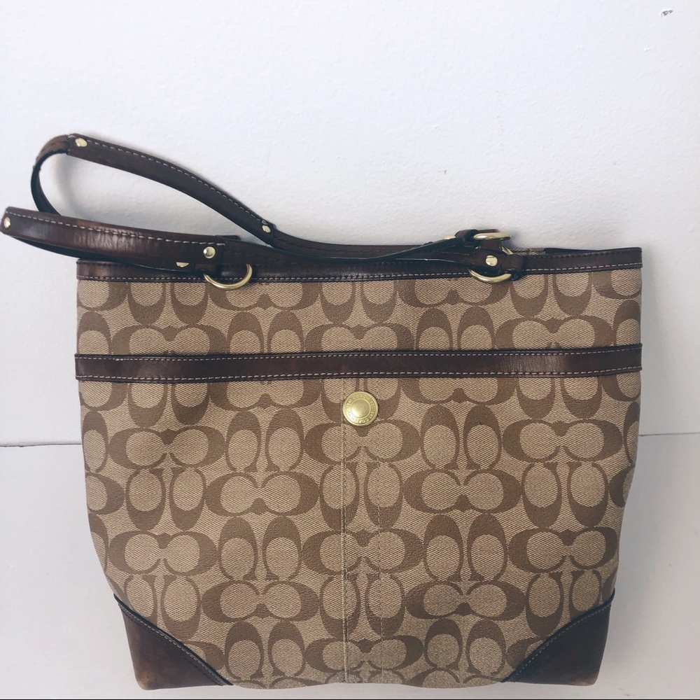 Coach Khaki Canvas Leather Handbag W est. Design - Picture 5 of 8